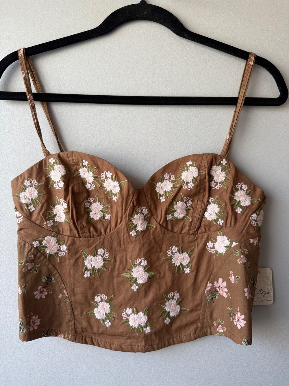 Free People wild flower tea Brown Floral Embroidered Crop Top cotton